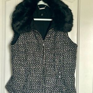 Black & White Tweed Vest with Removable Faux Fur Trim